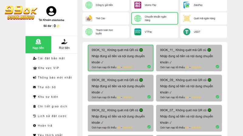 Nạp tiền 99ok qua ngân hàng trực tuyến