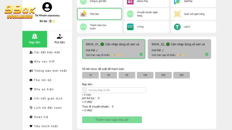 Nạp tiền 99ok qua thẻ cào