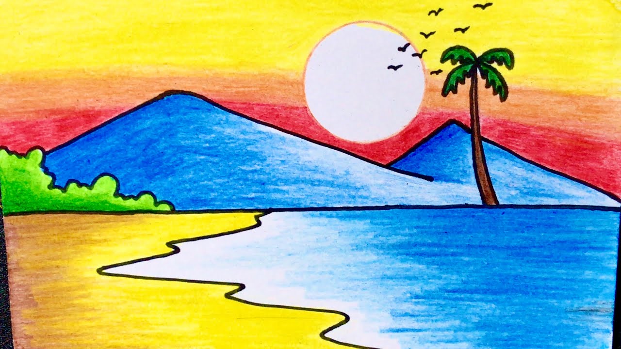 Cách vẽ tranh PHONG CẢNH BIỂN đơn giản mà đẹp | how to draw sea scenery for  beginner